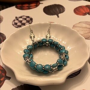 Hand Crafted Turquoise and Silver Bracelet with Silver Cross Earrings.
